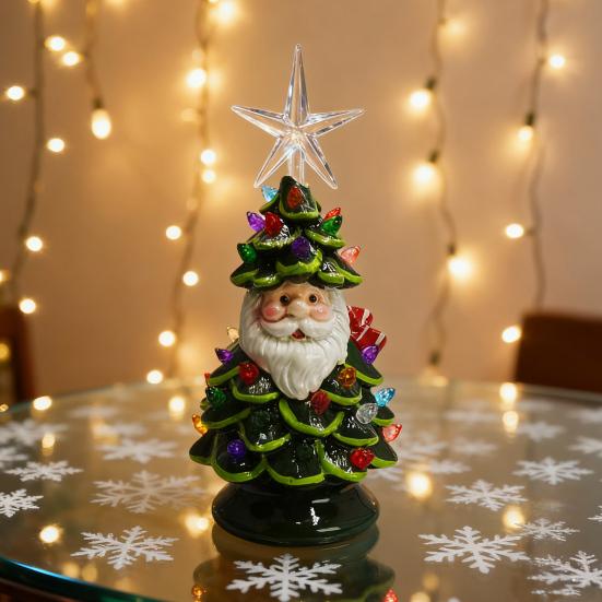Brad de Crăciun Santa Luminat Decor 11 Inch Rășină Bătrân Brad de Crăciun Lumină cu Lumini Multicolorate Și Vârf Stea pentru Decor de Masă de Sărbători