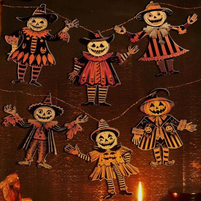 1/6 Stück Halloween Kürbismann Wimpelkette Gruselig Rustikal Holz Kürbismann Hängegirlande