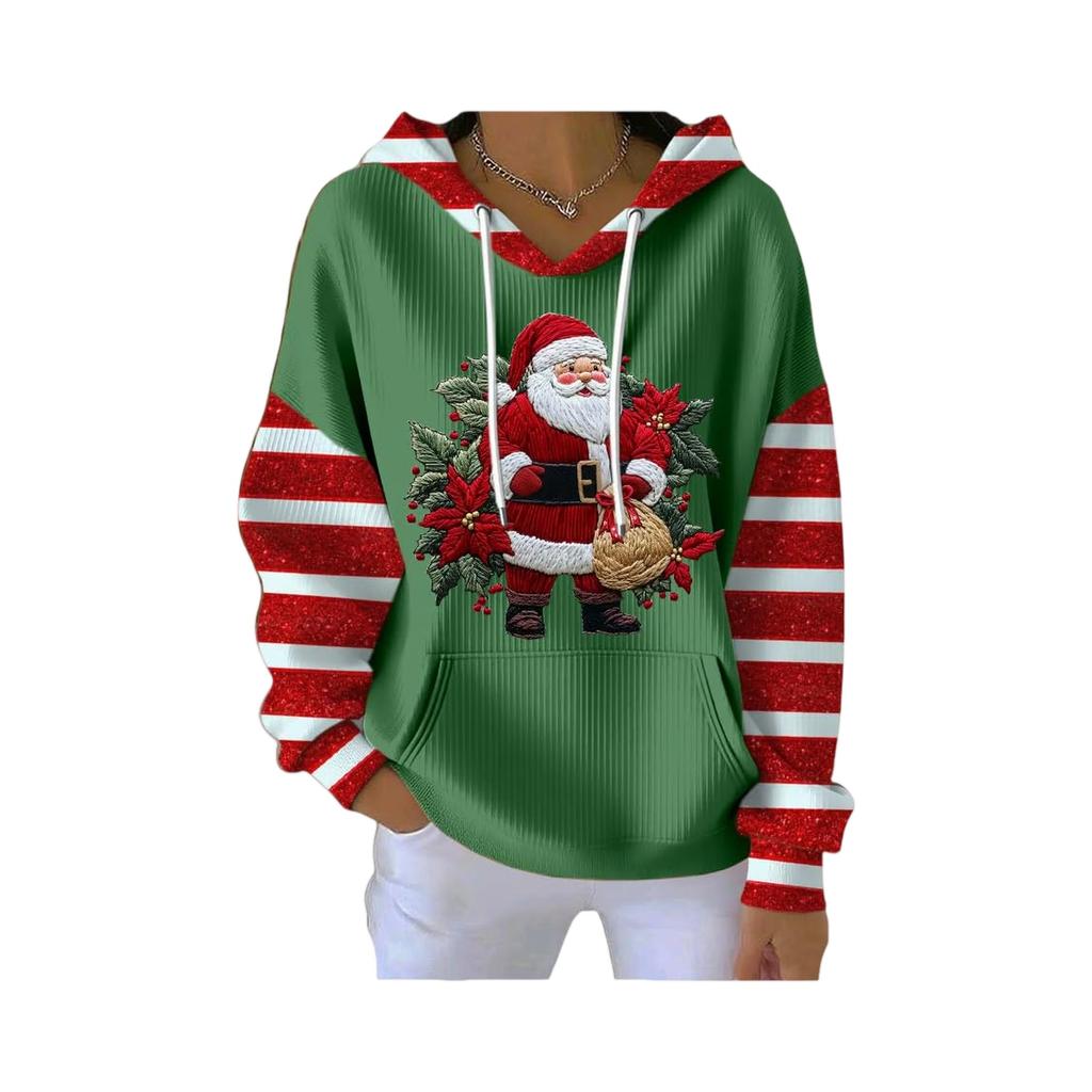 Women's Loose And Comfortable Drawstring V-neck Long Sleeved Christmas Print Hoodie
