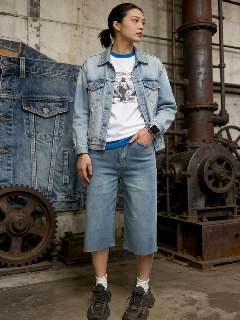 Puffanpop Women's High Waisted Wide Leg Capri Jeans - Frayed Hem Washed Denim Cropped Culottes for Casual Summer Wear