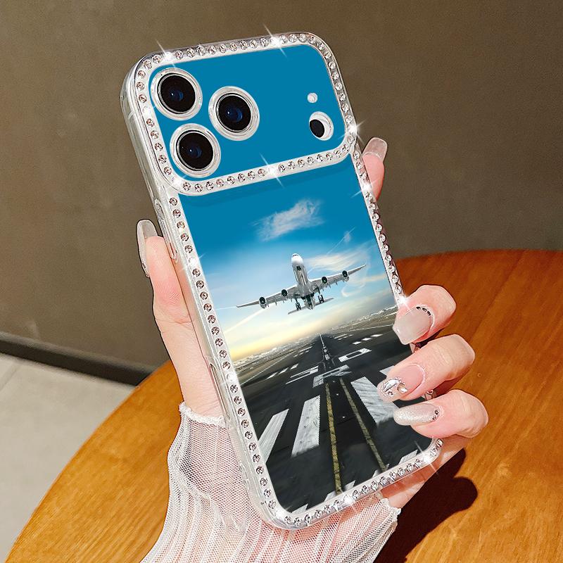 Aircraft Pattern Bling Diamond TPU Case For iPhone 17 Air 16e 16 14 15 13 17 Pro Max 15 16 Plus 17 Shockproof Soft Silicone Phone Cover