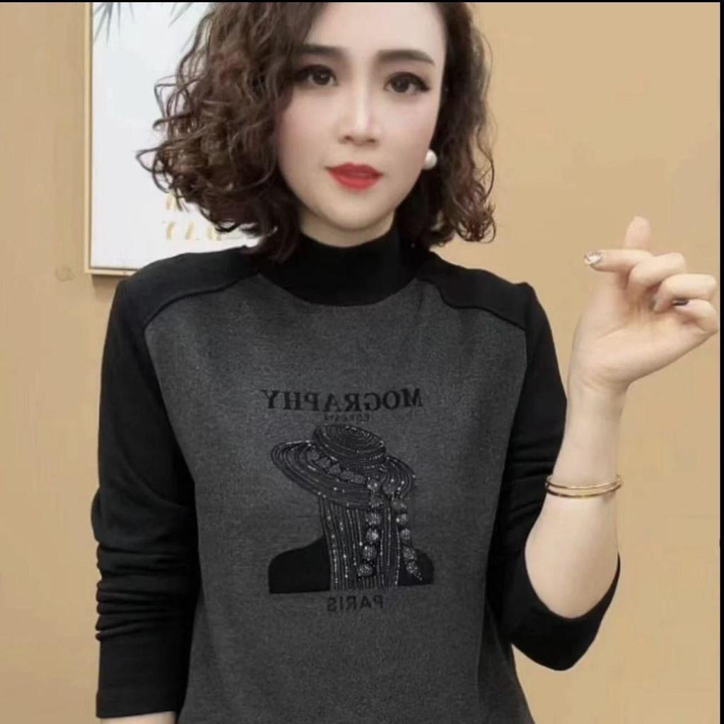 Elegant Color Block Letter Print Double-Sided Warm Slimming Women's Top for Autumn/Winter