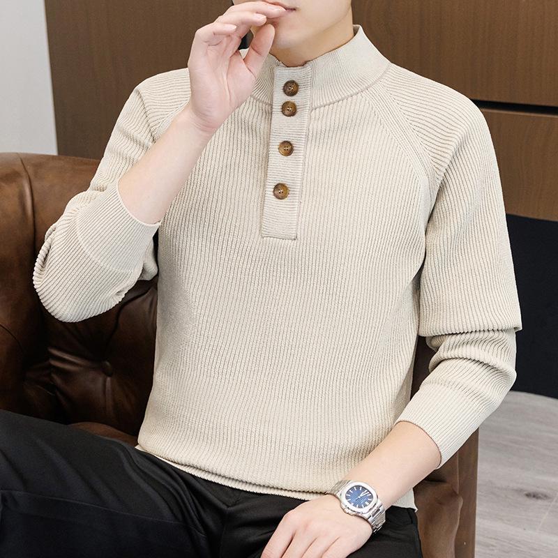 Men's Retro Half-High Collar Knit Sweater - Youthful College Style, Woolen Base Layer for Autumn/Winter