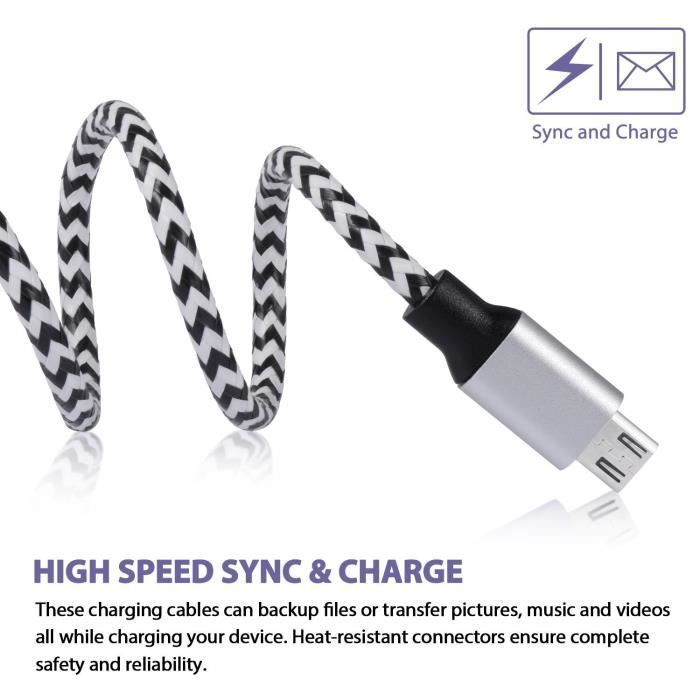 [Lot de 2,2m]Câble Micro USB 2.0 en PU Tressé Connecteur en Aluminium Chargeur Cordon Usb pour Phones Android-Noir+Bleu