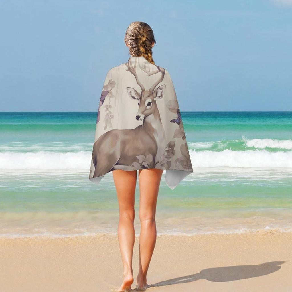 Deer Birds with Flowers Beach Towel Oversized Beach Blanket Waterproof Sandproof Pool Towels Quick Drying Outdoor Travel Towel