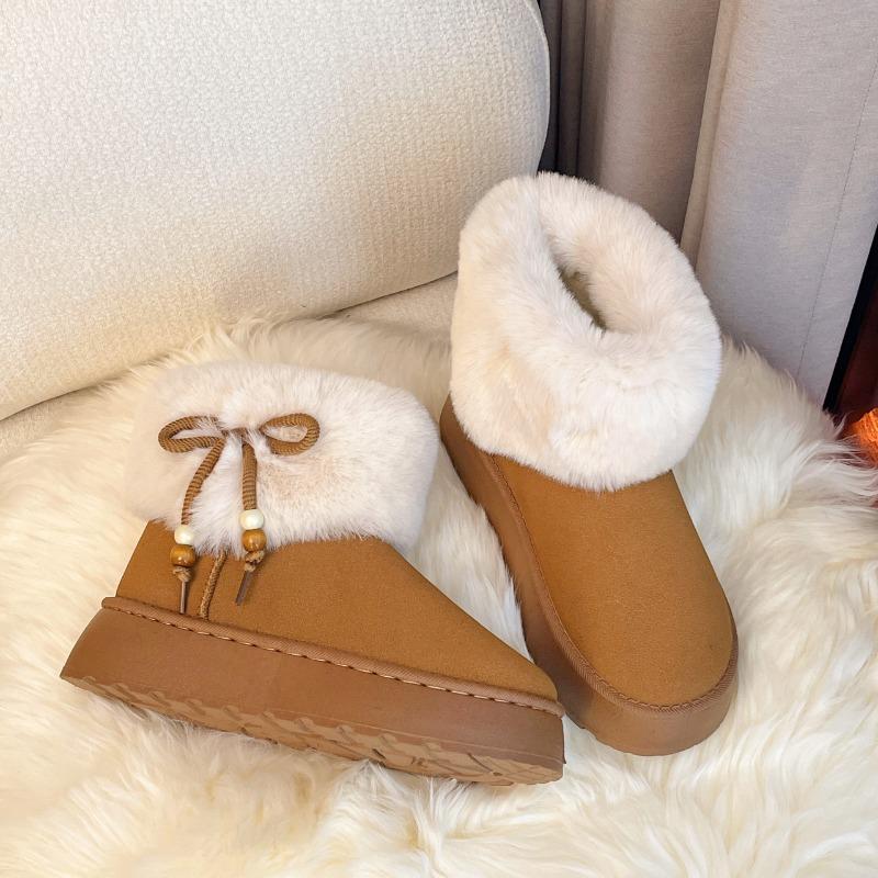 Women Snow Boots Round Toe Platform Sole Butterfly-knot String Bead Cotton Boots Fashion All-match Winter Plush Thickened Boots