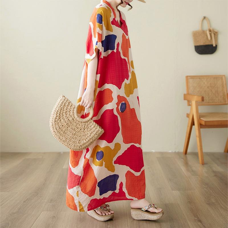 Summer New Cotton and Linen Literary and Retro Loose V-neck Large Size Casual Vacation Short-sleeved Dress Women's Clothing