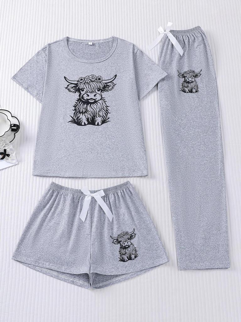 Kälberdruck 3-teiliges Set: Kurzarm-Oberteil, Shorts & Hosen - Niedliche und bequeme Homewear