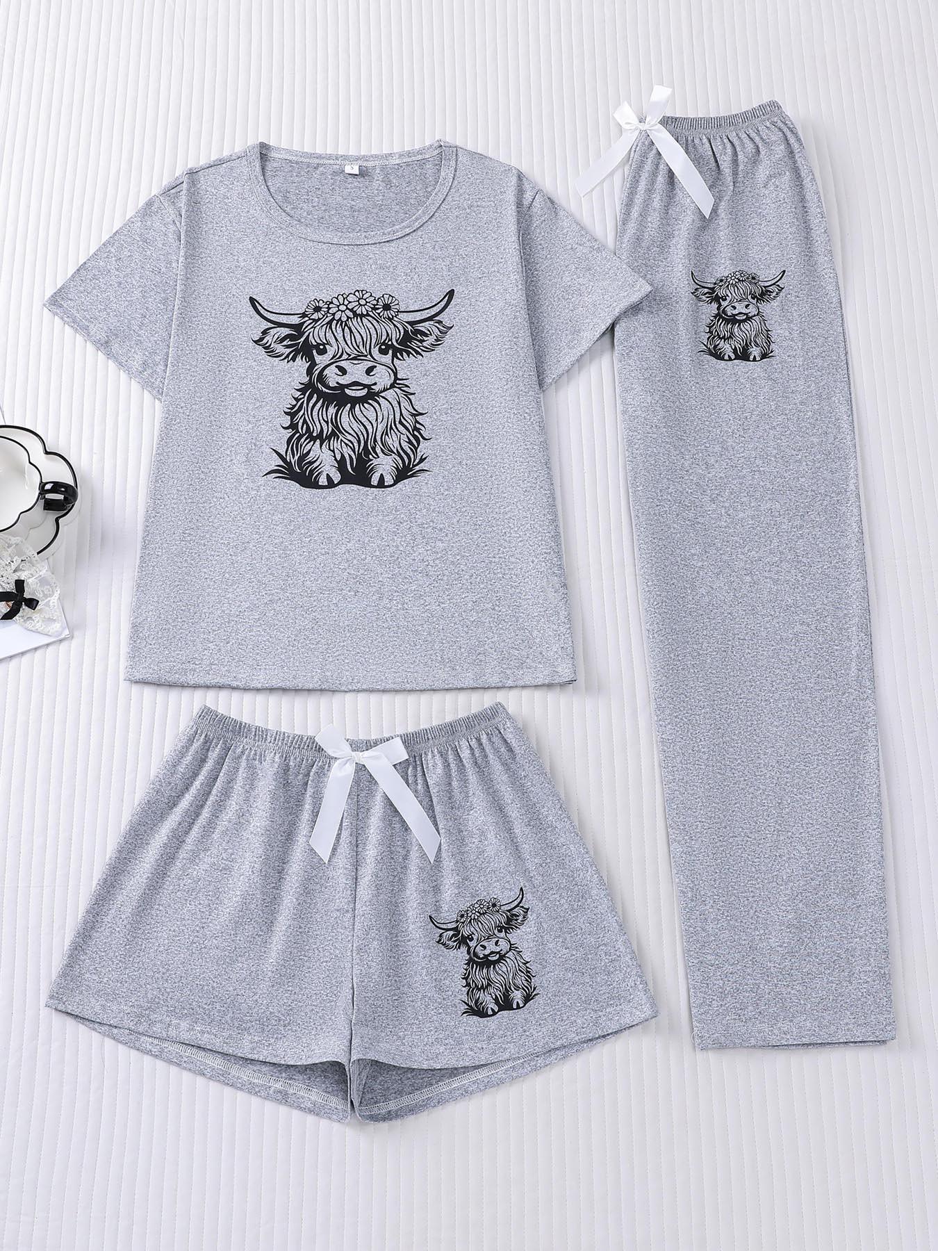 

Комплект-тройка с принтом теленка: Топ с коротким рукавом, шорты и брюки - Милая и удобная домашняя одежда Extra Large