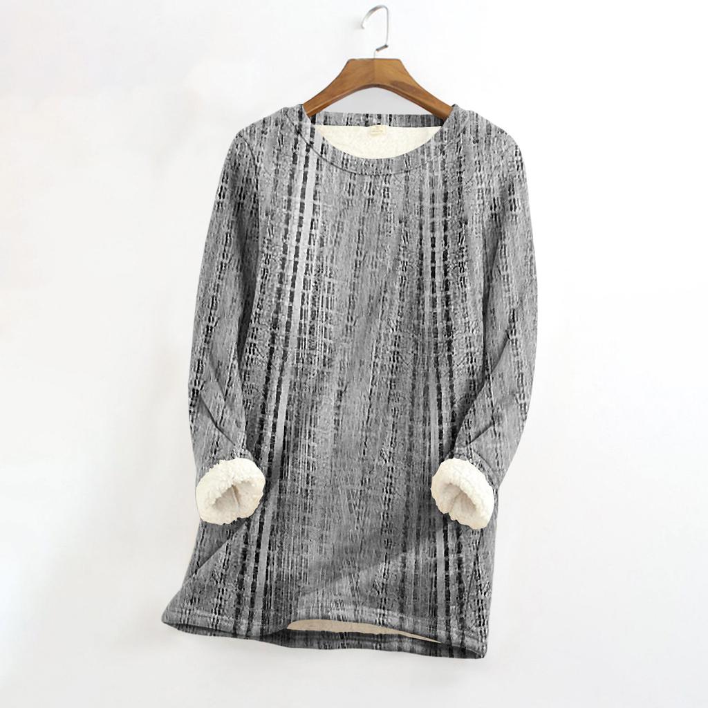 Women's Round Neck Top Printing Thickened Plush Cashmere Warm Long Top