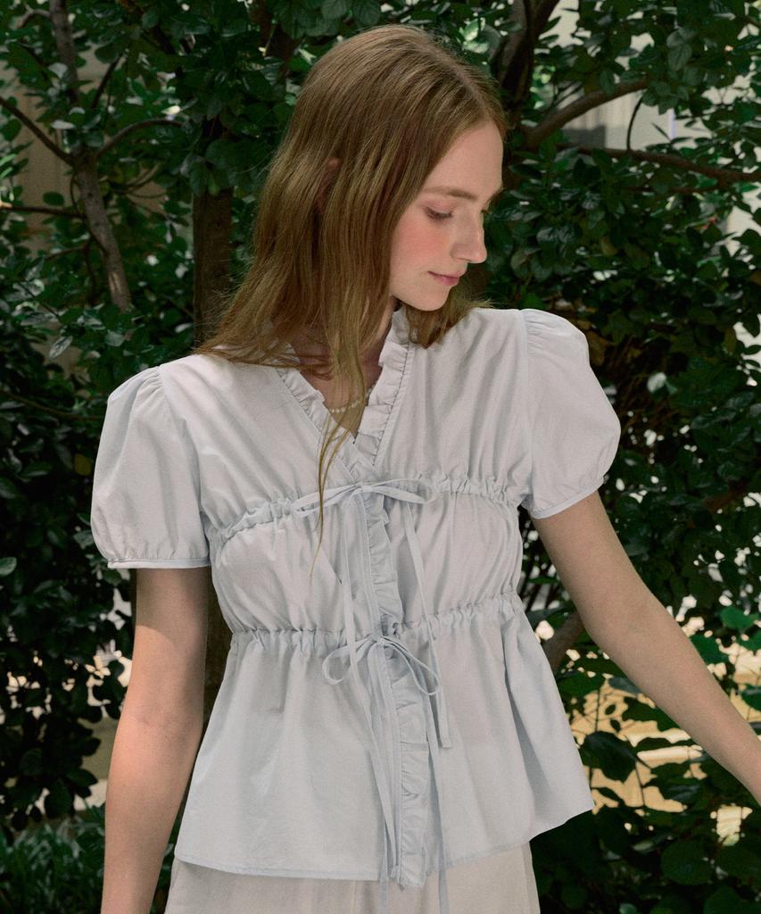 NONLOCAL Ribbon Shirring Puff Sleeve Blouse - Light Blue