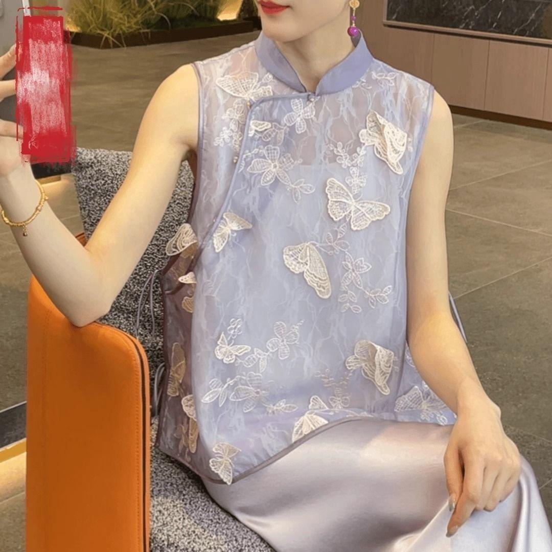 

Стойка-воротник фиолетовый органза вышитый жилет женский летний модный тонкий жилет топ M (under 50kg recommended)