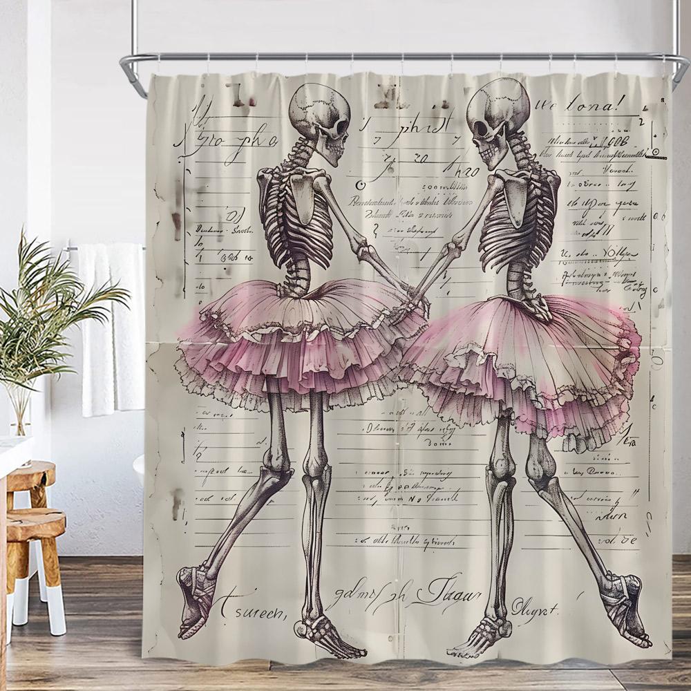 

Funny Skeleton Shower Curtain Skull Happy Halloween Vintage Bathoom Decor Scary Retro Polyester Bath Curtain with Hook 90x180cm-35x70in