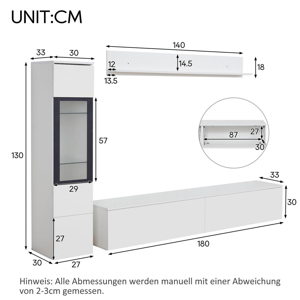Wohnwand 3-Teilig Set, Möbel Set, Hängend, 1x TV Lowboard, 1 x 1x Wandboard, Komplett, Elegante Mediawand LED-Licht, Viel Stauraum, Weiß