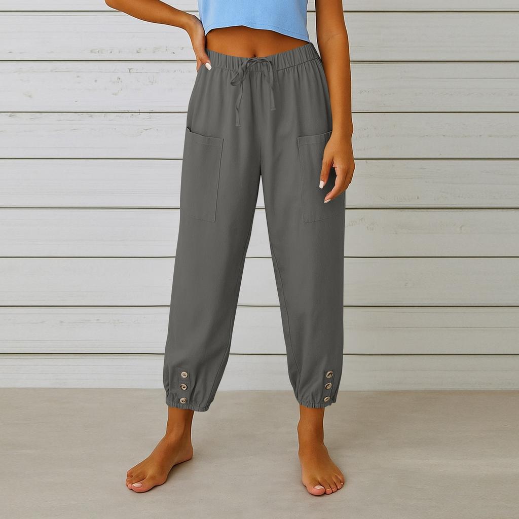 Women's Fashion Solid Color Hemp Cotton Pocket Leg Tight Waist Casual Pants