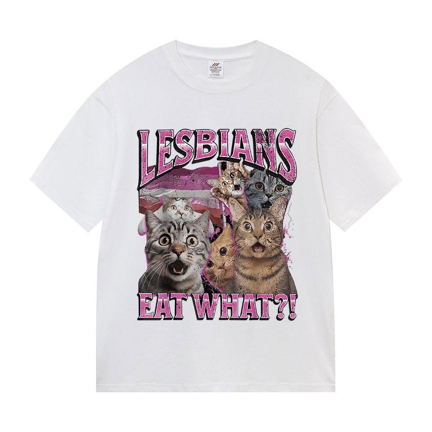 Vintage Lesbians Eat What Funny Cat Meme T Shirts Men Women Aesthetic Fashion Short Sleeve T-shirt Summer Oversized Cotton Tees