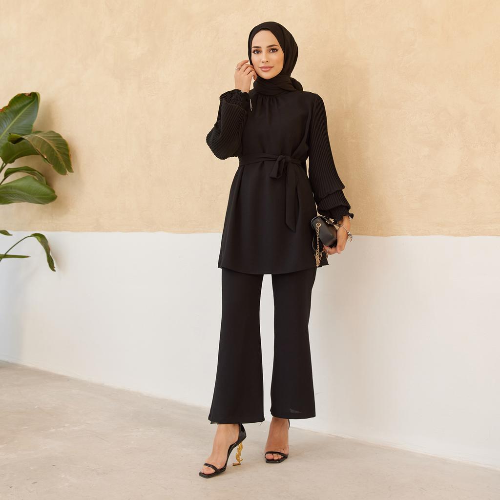 Set tunică pantaloni plisați mâneci femei