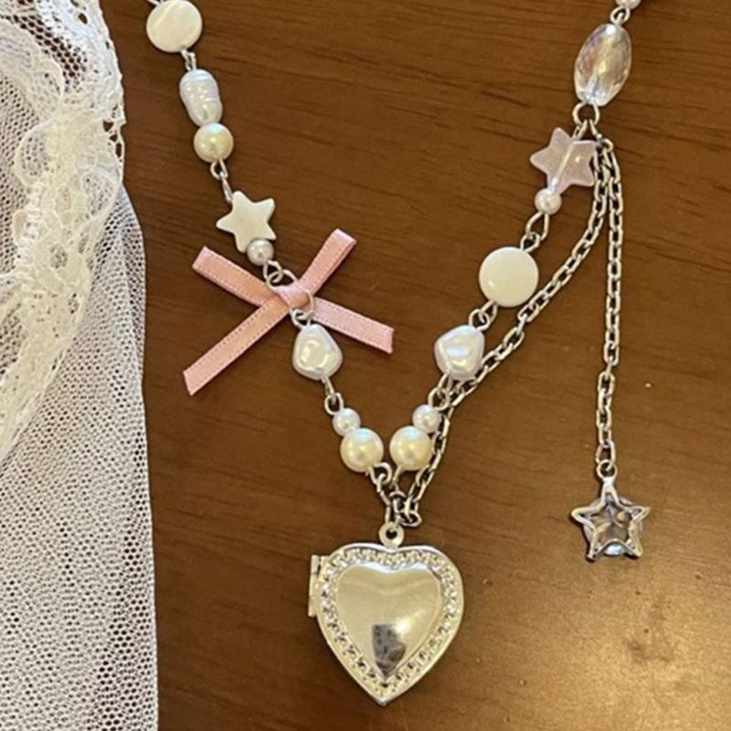 Vintage Goth Bowknot Heart Pendant Choker Clavicle Chain Necklace For Women Girl Punk Collar Aesthetic Y2K Jewelry Gift