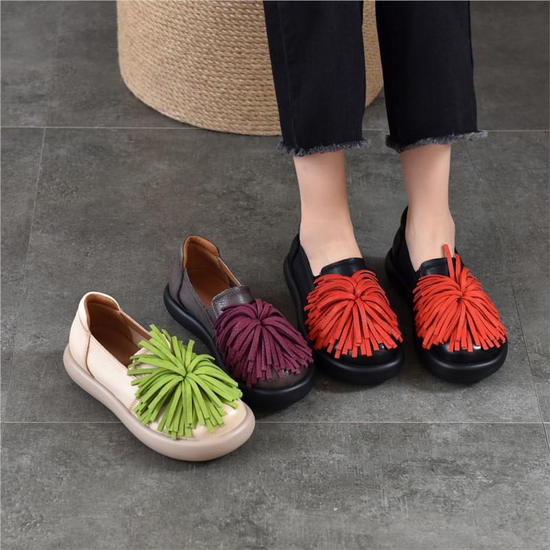 Johnature Genuine Leather Thick Soled Women's Shoes Comfortable Retro Handmade Tassel Slip-on Shoes