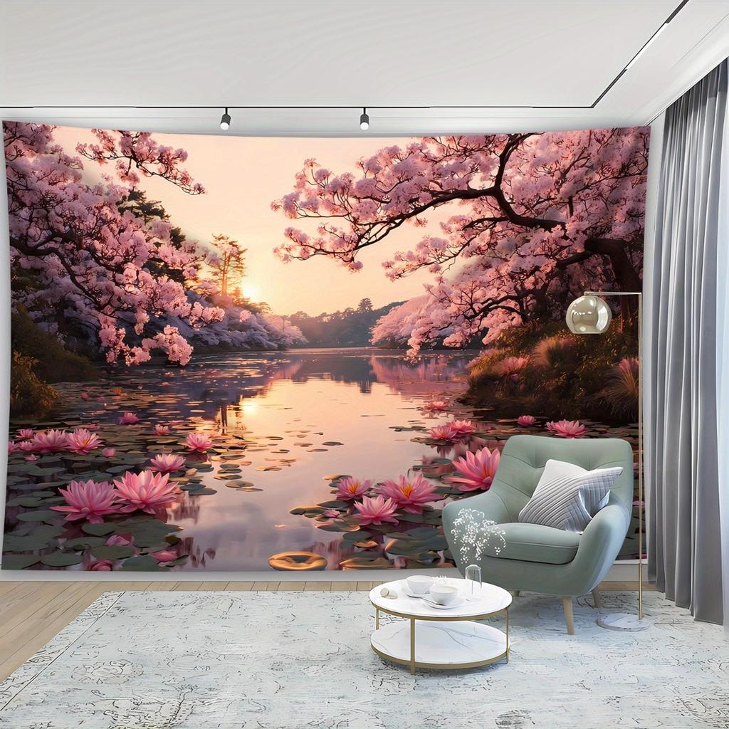 1pc Sunset cherry blossom and lotus pond pattern tapestry, machine washable polyester, suitable for bedrooms and living rooms.