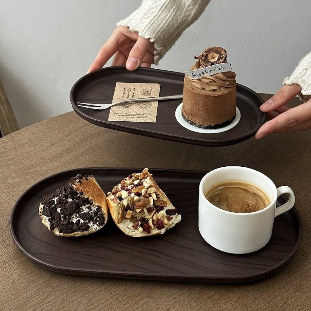 Smooth Surface Oval Tray Walnut Wood Grain Afternoon Tea Dessert Plate Vintage Fruit Platter Home