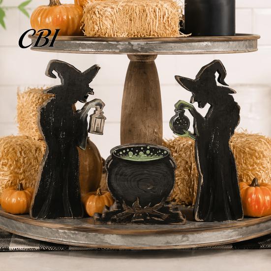 Retro Dark Style Table Decor 3Pcs Halloween Witch Cauldron Lantern Potion Bottle Decorations, Rustic Wooden Handcrafted Solid Wood Silhouette Tabletop