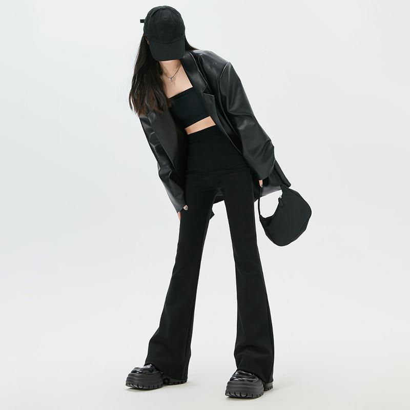 Black Suit Flared Pants Women's Spring Autumn High Waist Slit Trousers Elastic Slimming Trousers Korean Fashion
