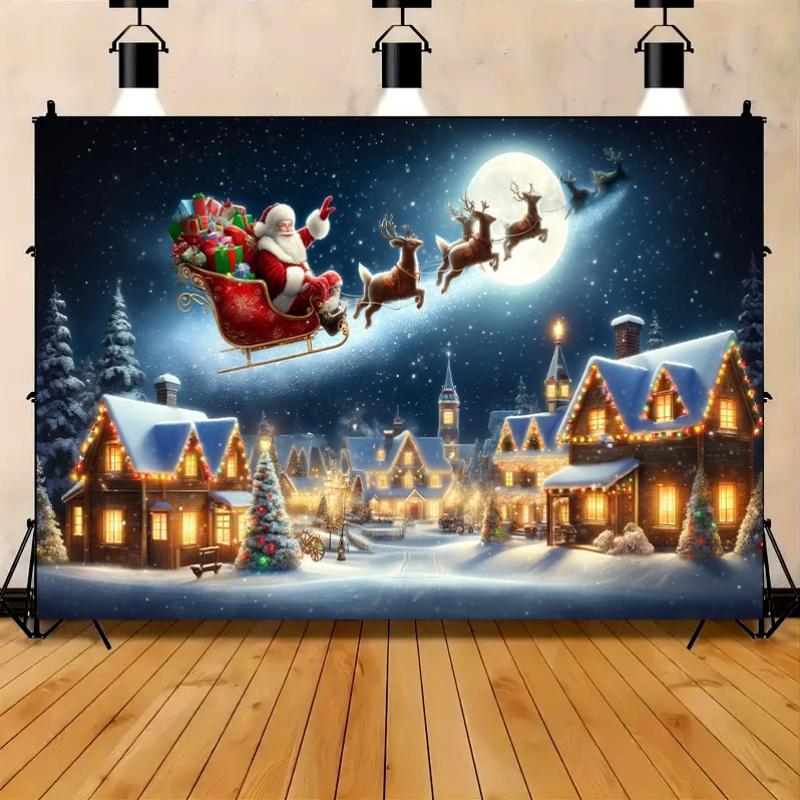 1pc Holiday Party Christmas Background Banner - Santa Claus Sleigh Scene, Holiday Party, Family and Garden Decoration