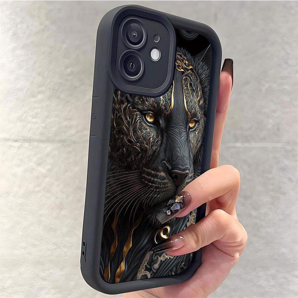 Gradient Lion Leopard Grooved Phone Case for iPhone 14/15/16/17 Pro Max - Black Style Protection