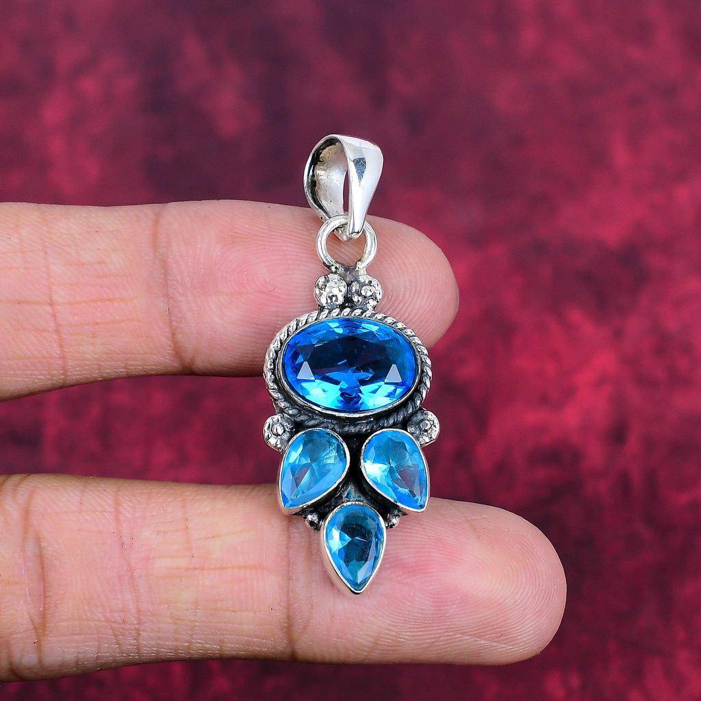 Pandantiv cu topaz albastru, bijuterii cu pietre prețioase din argint solid 925, pandantiv lucrat manual, pentru Ziua Recunoștinței