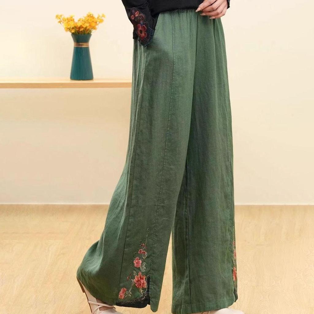 Luźne, bawełniane lniane spodnie w stylu retro w stylu chińskim z grubymi haftowanymi spodniami z szerokimi nogawkami dla kobiet