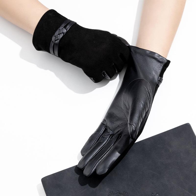 Adult Genuine Leather Gloves Women's Sheepskin and Cashmere Fashionable and Warm Skiing Full Finger and Two Finger Touch Screen Gloves