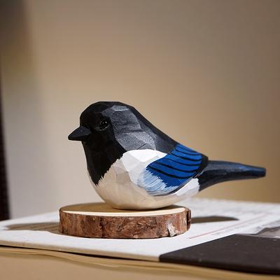 Handmade Wooden Magpie Bird Figurine Cute Animal Decor Office Desk Gift