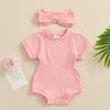 Citgeett Summer Newborn Girl Outfit Short Sleeve Solid Bodysuit Bowknot Headband Jumpsuit Casual Clothes