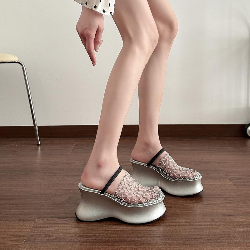 Thick-bottomed bag head wedge slippers women's summer new fashion non-slip mesh yarn hollow muffin half slippers