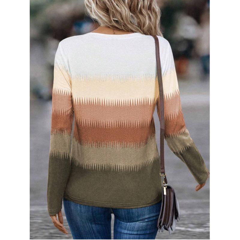 JKASHDK Women's Fashion Casual Spring Autumn Colour Block Print Long Sleeve O-Neck Blouses & Shirts