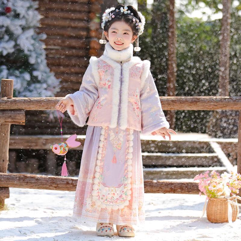 Annie Youer Girls' Winter Hanfu Tang Suit Dress Set