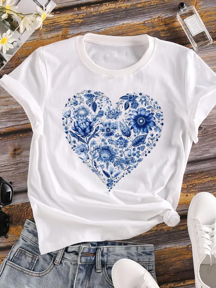 (Asian Size) o-neck T Shirt Printed Female style flower cute Top Lady Clothing Casual Fashion Women Graphic Tee Short Sleeve T-shirts