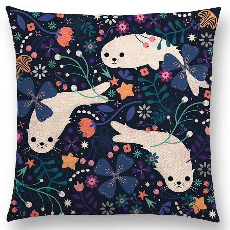 Niedliche Cartoon-Tiere Sofa Überwurf Kissenbezug Blumen Blatt Mond Sterne Nachthimmel Fuchs Flamingo Katze Schwan Vogel Narwal Kissenbezug