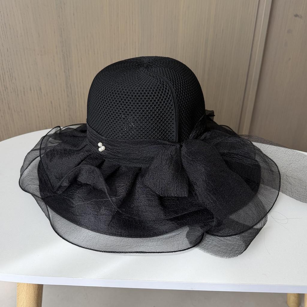 Spring and summer elegant sweet bucket hat women's big eaves mesh breathable sun hat sun protection face small beach sun hat