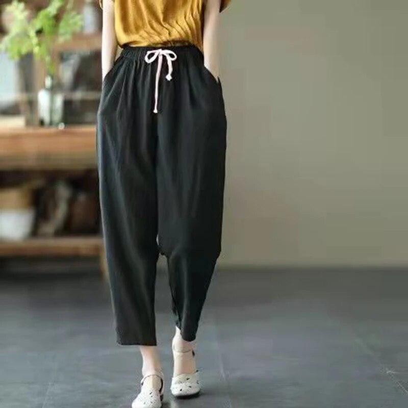 Spring Summer Cotton Linen Pants Women Solid Color Casual Ankle-length Pant Woman Lace-up Waist Loose Trousers