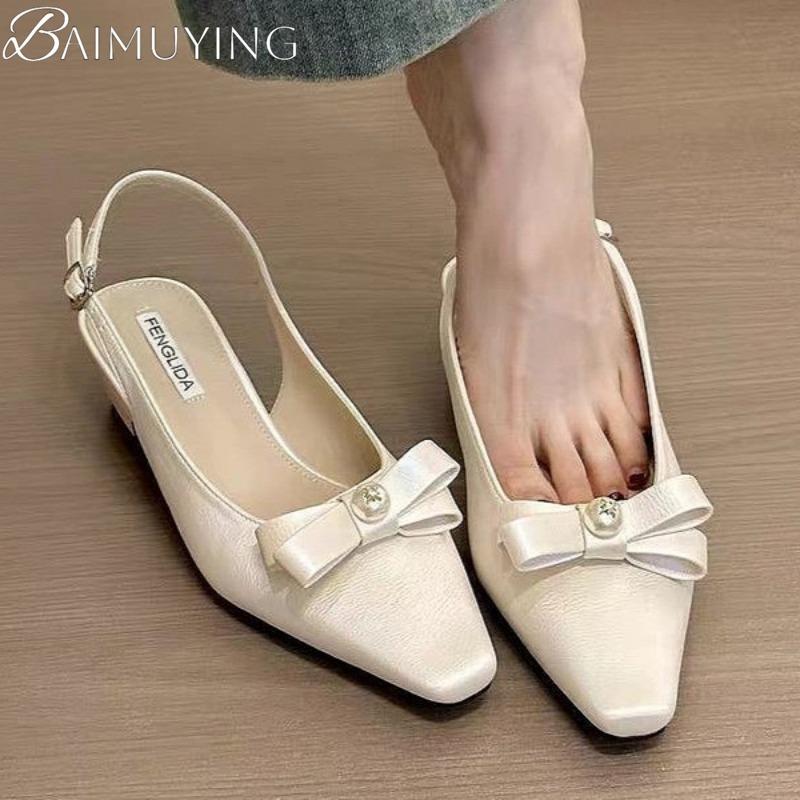 Bow Bead Women High Heels Sandals Pointed Toe Shoes Slippers Slingback 2025 Summer Sexy Pumps Trend Dress Chunky Sandalias Mujer