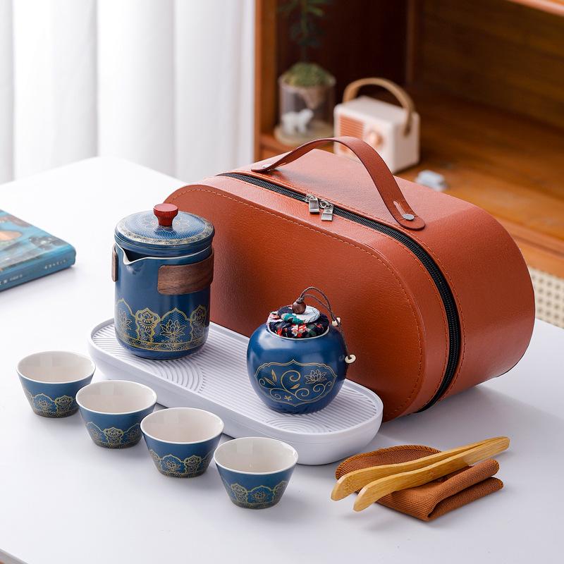 Ceramic Travel Tea Set with Tray - Portable Cup for Outdoor Anniversaries & Custom Souvenirs