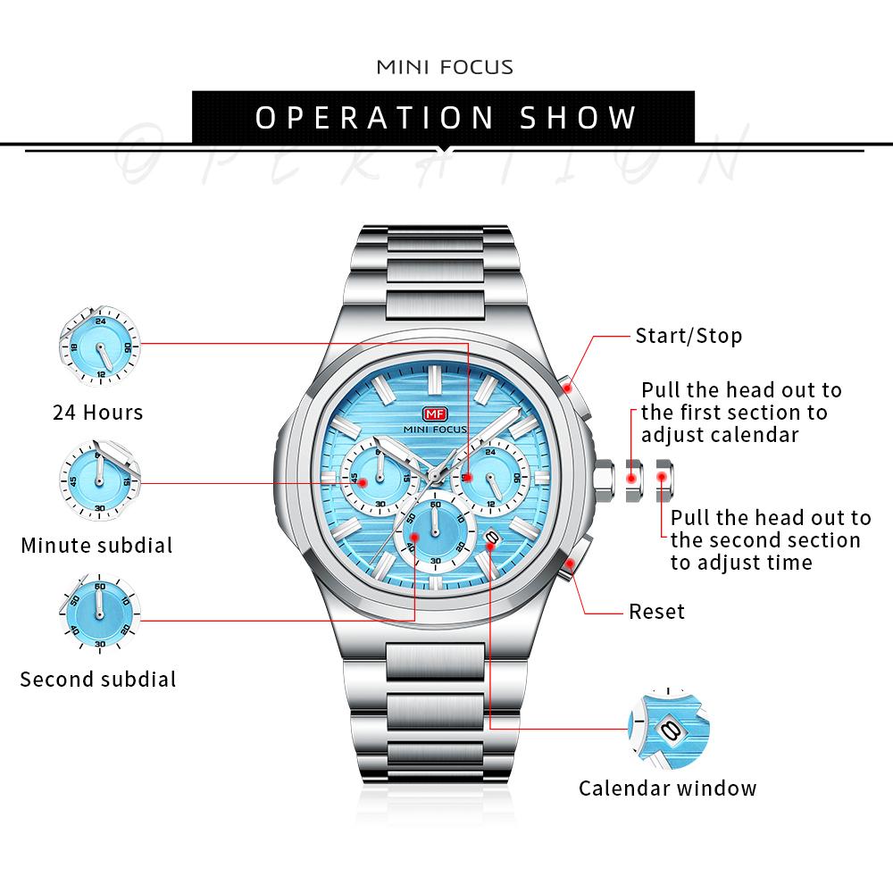MINI FOCUS Fashion Multifunctional Quartz Watch for Men Luminous Hands Calendar Stainless Steel Strap Business Mens Watches