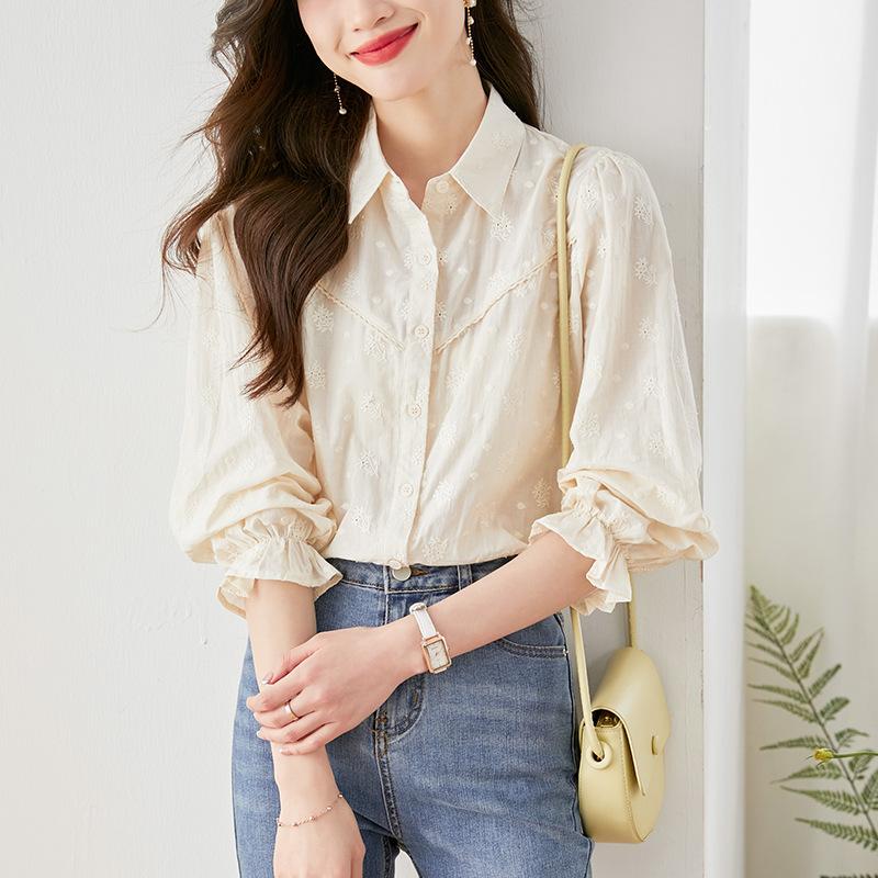 

Apricot Embroidered Shirt Women s Long-sleeved Spring Clothes New Loose Top Age-reducing Cotton White Shirt M білий