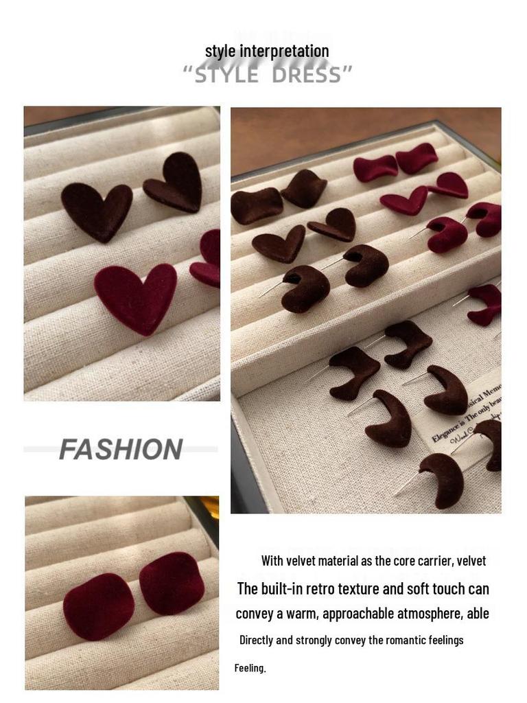 Burgundowe aksamitne geometryczne kolczyki sztyfty - Francuski design retro