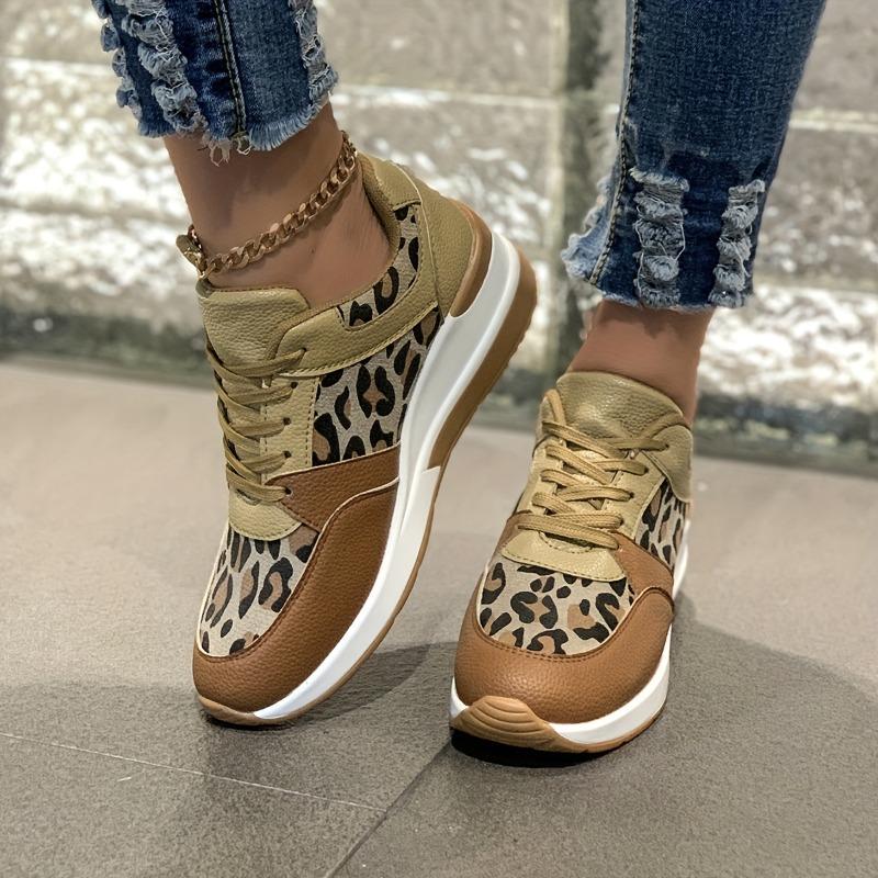 Damenmode-Sneaker mit Leopardenmuster - Lässige Schnür-Plateauschuhe mit EVA-Sohle, Innenseite aus Stoff, Ganzjahres-Low-Top-Design