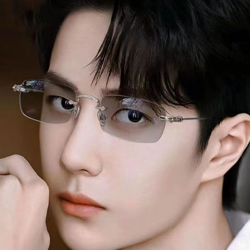 Korean Rimless Photochromic Sunglasses with Polarized Lenses and UV Protection [88flix] Color-Changing (Silver)