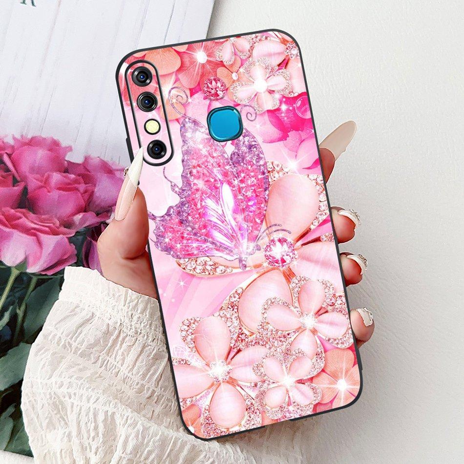 For Infinix Hot 8 Phone Case Hot 8 Lite Hot8 X650 X650C X650B X650D Elegant Floral Cat Pattern Black Silicone Soft TPU Cases