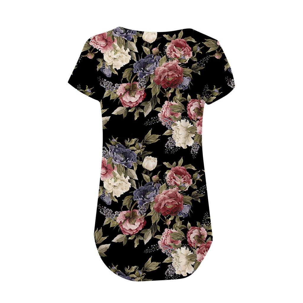 Tunica a maniche corte da donna T-shirt larghe T-shirt casual taglie forti Tunica a pieghe Bottoni T-shirt floreali estive casual per le donne